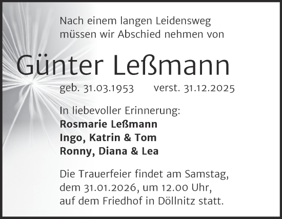 Traueranzeige von Günter Leßmann von Trauerkombi Merseburg