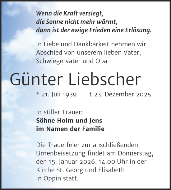 Traueranzeige von Günter Liebscher von Mitteldeutsche Zeitung Halle/Saalkreis