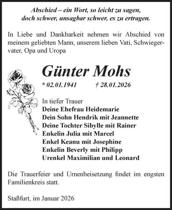 Traueranzeige von Günter Mohs 