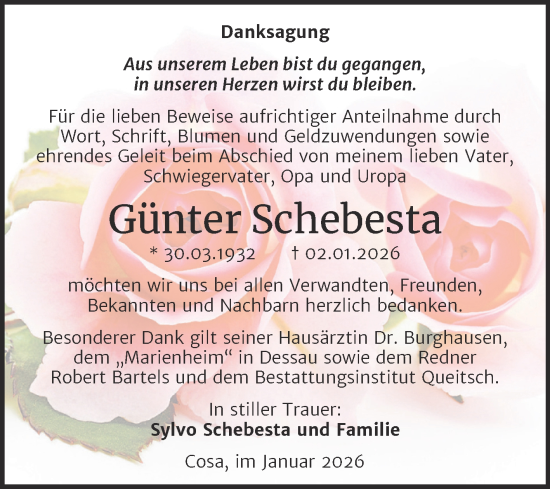 Traueranzeige von Günter Schebesta von Mitteldeutsche Zeitung Dessau-Roßlau