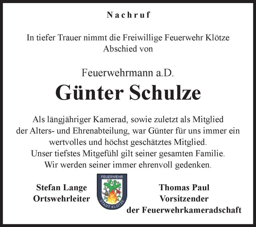  Traueranzeige für Günter Schulze vom 24.01.2026 aus Volksstimme Altmark West