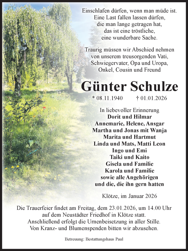  Traueranzeige für Günter Schulze vom 08.01.2026 aus Volksstimme Altmark West