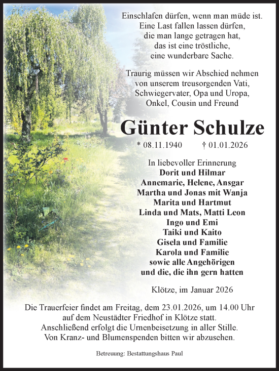 Traueranzeige von Günter Schulze von Volksstimme Altmark West