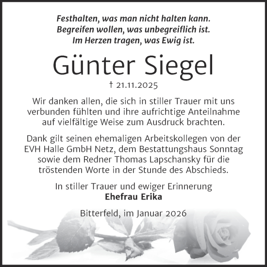 Traueranzeige von Günter Siegel von Trauerkombi Bitterfeld