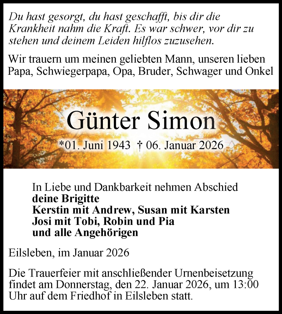  Traueranzeige für Günter Simon vom 10.01.2026 aus Volksstimme Oschersleben/Wanzleben