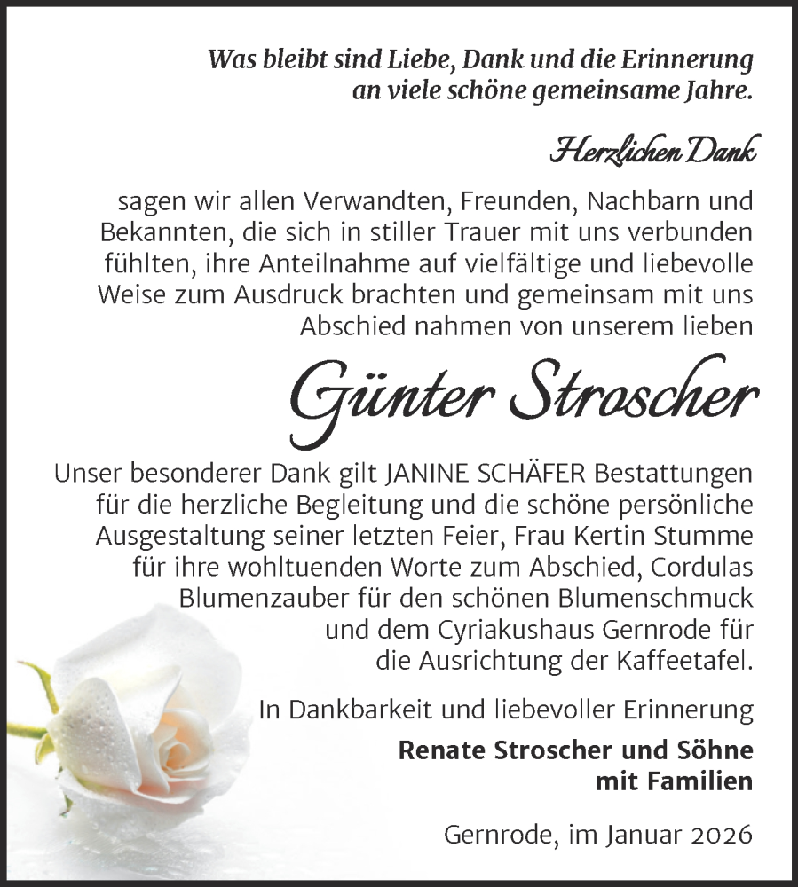  Traueranzeige für Günter Stroscher vom 31.01.2026 aus Trauerkombi Quedlinburg