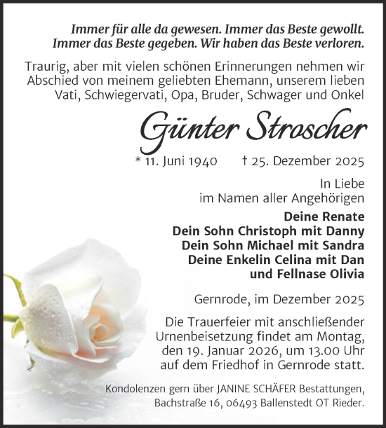 Traueranzeige von Günter Stroscher von Trauerkombi Quedlinburg