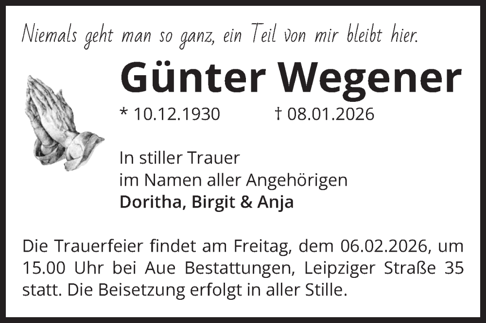  Traueranzeige für Günter Wegener vom 24.01.2026 aus Volksstimme Magdeburg