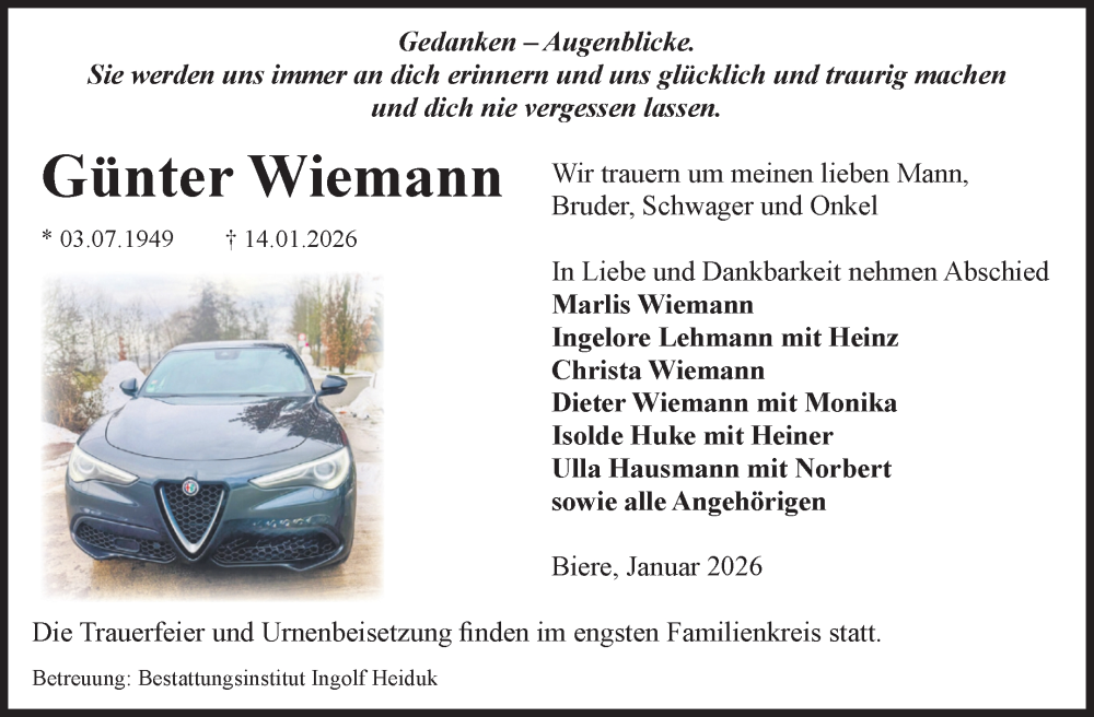  Traueranzeige für Günter Wiemann vom 24.01.2026 aus Volksstimme Schönebeck