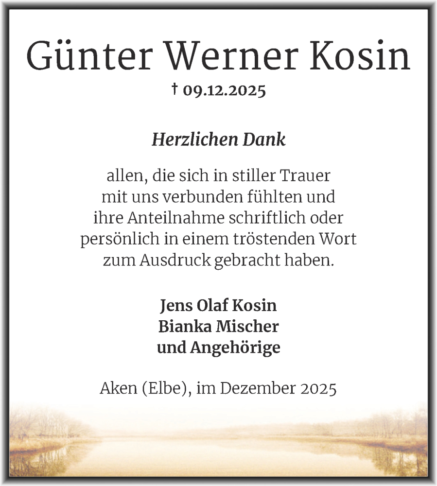  Traueranzeige für Günter Werner Kosin vom 03.01.2026 aus Trauerkombi Köthen