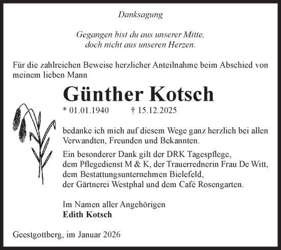 Traueranzeige von Günther Kotsch von Volksstimme Altmark Ost