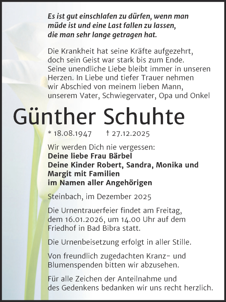  Traueranzeige für Günther Schuhte vom 10.01.2026 aus Super Sonntag Naumburg/Nebra