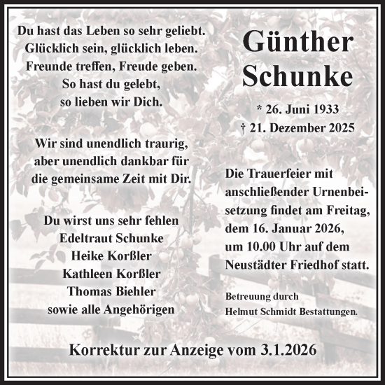 Traueranzeige von Günther Schunke von Volksstimme Magdeburg