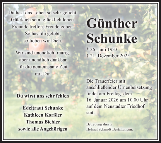 Traueranzeige von Günther Schunke von Volksstimme Magdeburg