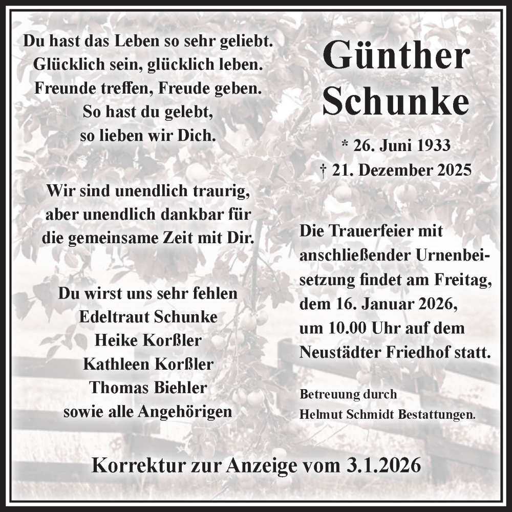  Traueranzeige für Günther Schunke vom 07.01.2026 aus Volksstimme Magdeburg
