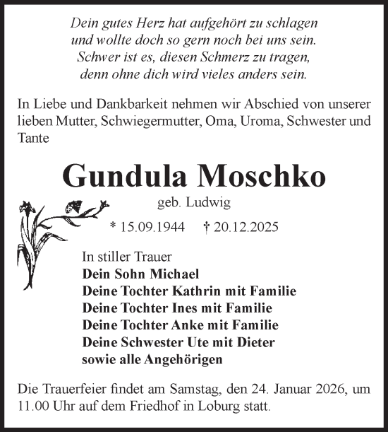 Traueranzeige von Gundula Moschko von Volksstimme Zerbst