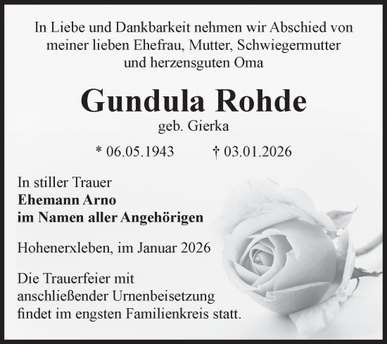 Traueranzeige von Gundula Rohde von Volksstimme Staßfurt