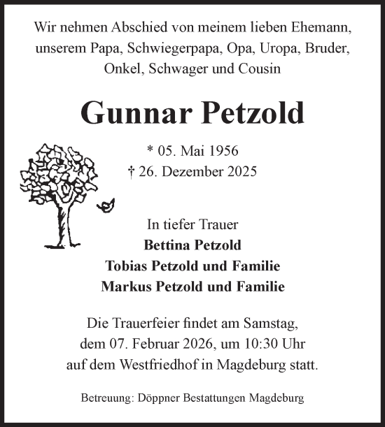 Traueranzeige von Gunnar Petzold von Volksstimme Magdeburg