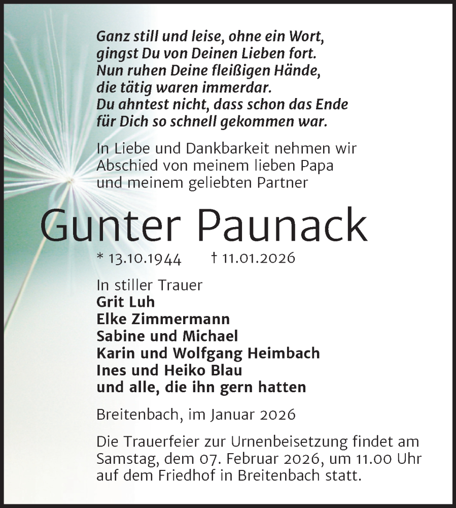  Traueranzeige für Gunter Paunack vom 24.01.2026 aus Trauerkombi Zeitz