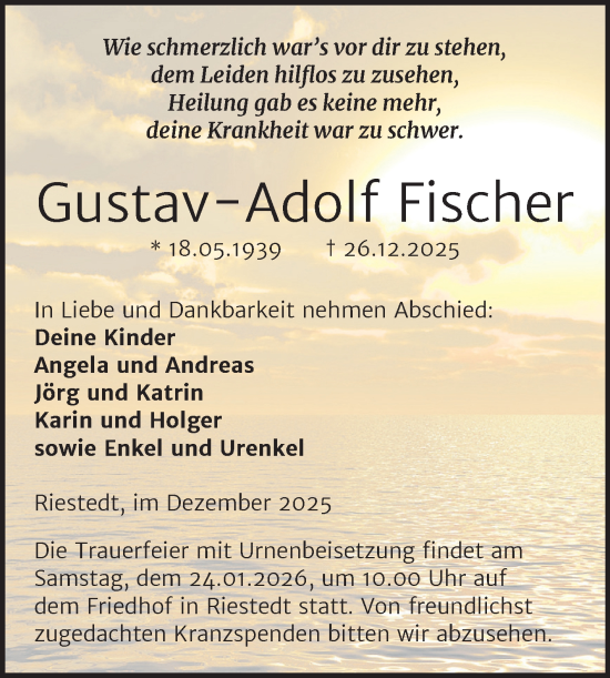 Traueranzeige von Gustav-Adolf Fischer von Trauerkombi Sangerhausen