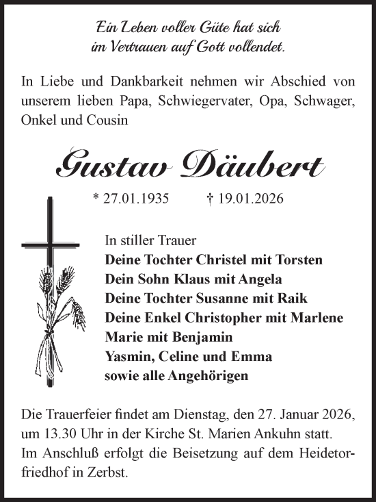 Traueranzeige von Gustav Däubert von Volksstimme Zerbst