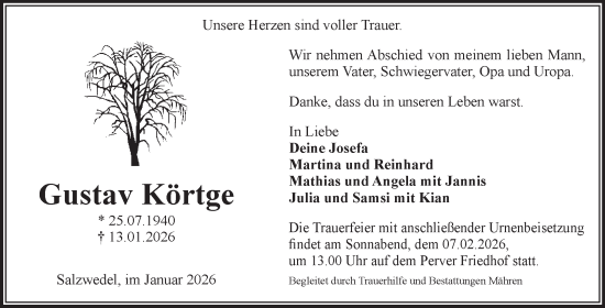 Traueranzeige von Gustav Körtge von Volksstimme Altmark West