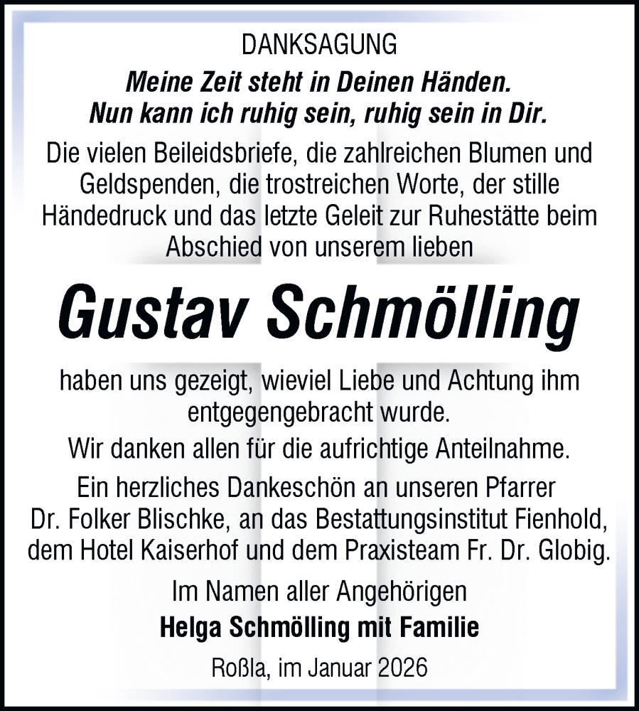  Traueranzeige für Gustav Schmölling vom 17.01.2026 aus Trauerkombi Sangerhausen
