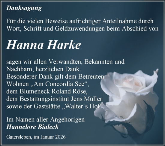 Traueranzeige von Hanna Harke von Trauerkombi Aschersleben