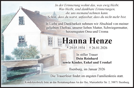Traueranzeige von Hanna Henze von Volksstimme Wernigerode