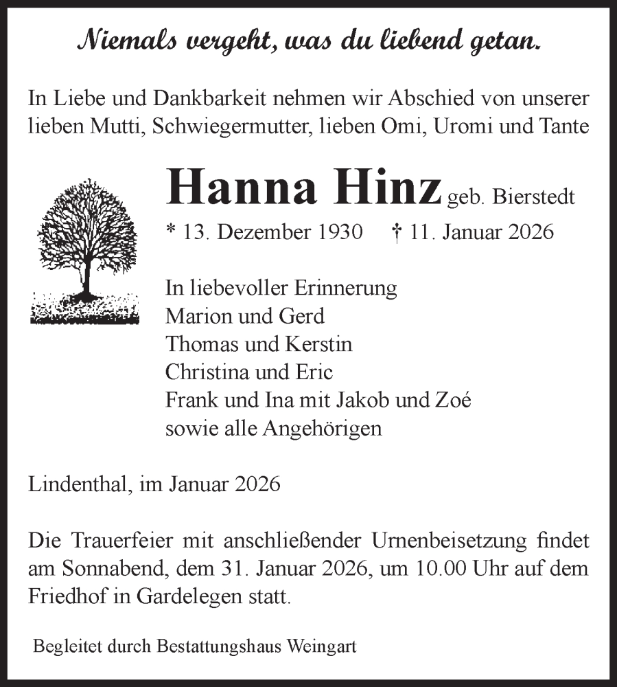  Traueranzeige für Hanna Hinz vom 17.01.2026 aus Volksstimme Altmark West