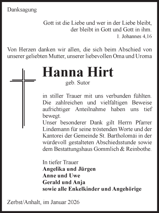 Traueranzeige von Hanna Hirt von Volksstimme Zerbst