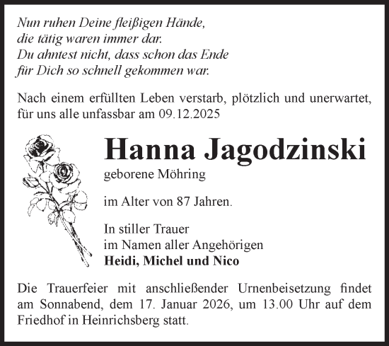 Traueranzeige von Hanna Jagodzinski von Volksstimme Haldensleben/Wolmirstedt
