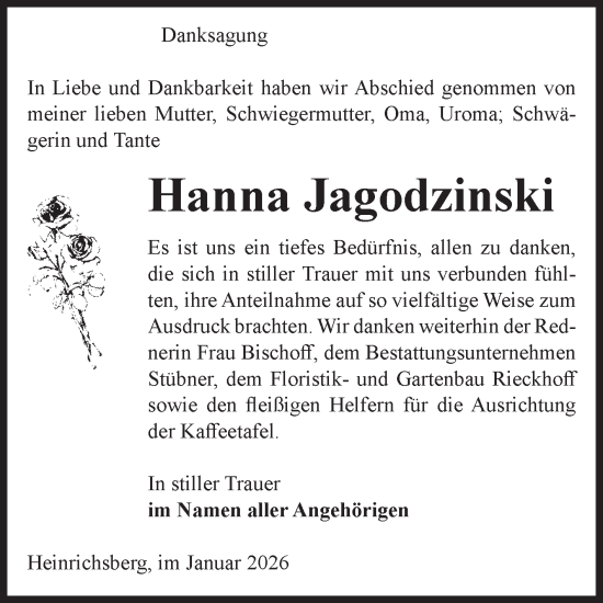 Traueranzeige von Hanna Jagodzinski von Volksstimme Haldensleben/Wolmirstedt