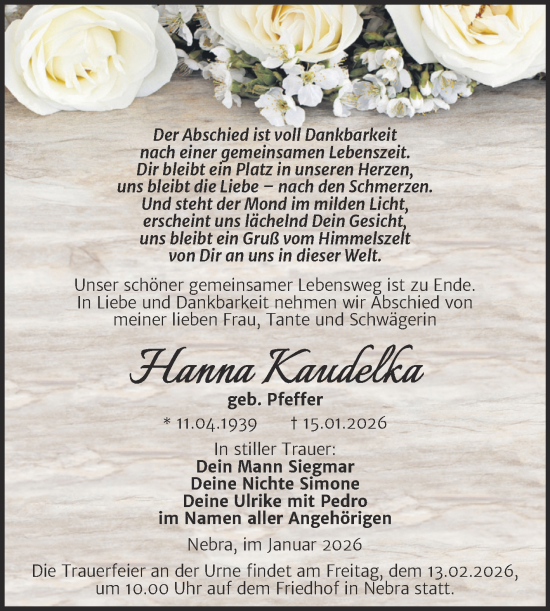 Traueranzeige von Hanna Kaudelka von Super Sonntag Naumburg/Nebra