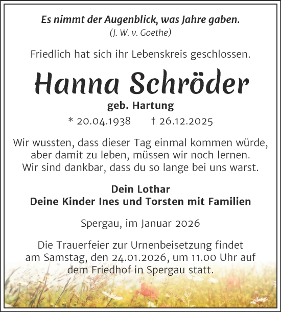Traueranzeige von Hanna Schröder von Trauerkombi Merseburg