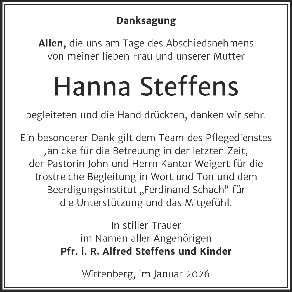  Traueranzeige für Hanna Steffens vom 24.01.2026 aus Trauerkombi Wittenberg