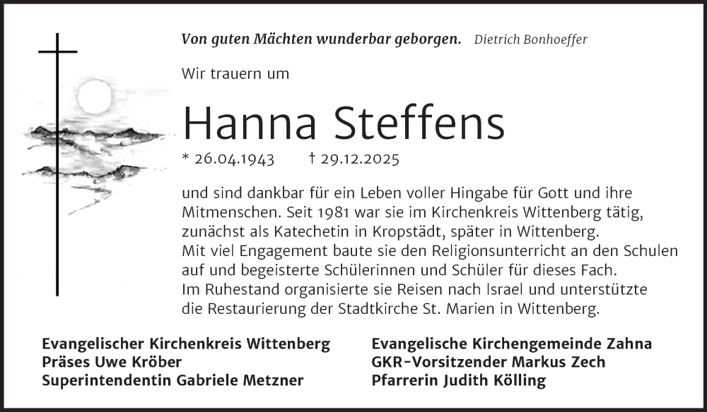  Traueranzeige für Hanna Steffens vom 24.01.2026 aus 