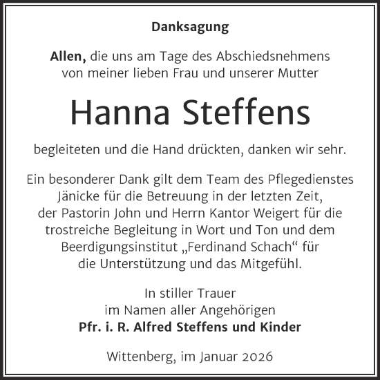 Traueranzeige von Hanna Steffens von Trauerkombi Wittenberg