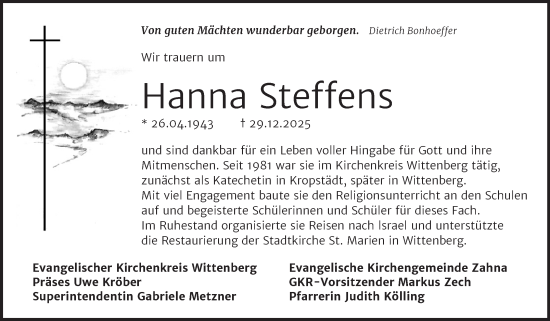 Traueranzeige von Hanna Steffens 