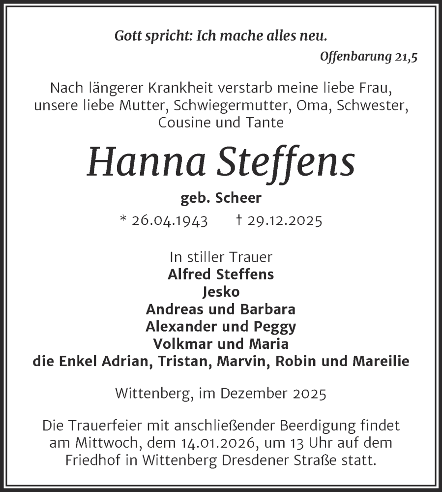  Traueranzeige für Hanna Steffens vom 10.01.2026 aus Trauerkombi Wittenberg