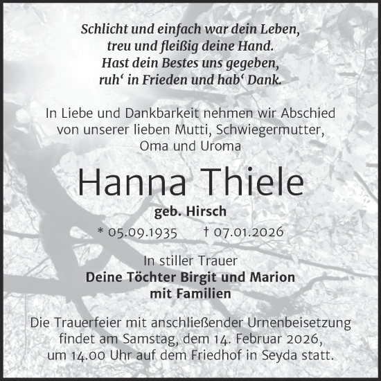 Traueranzeige von Hanna Thiele von Trauerkombi Wittenberg
