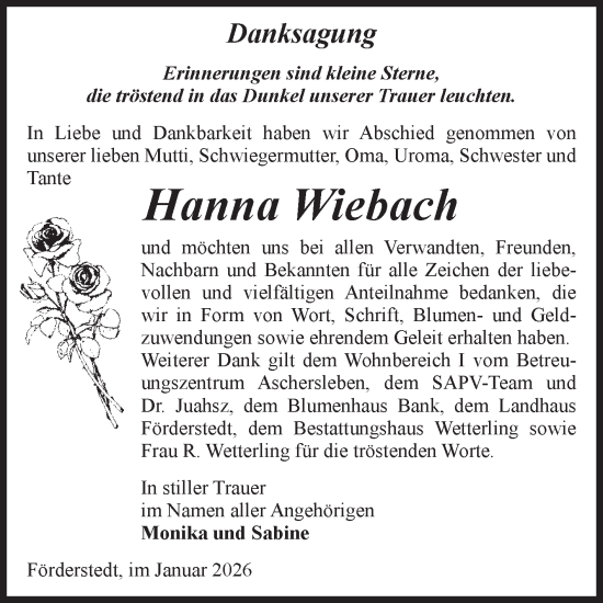 Traueranzeige von Hanna Wiebach von Volksstimme Staßfurt