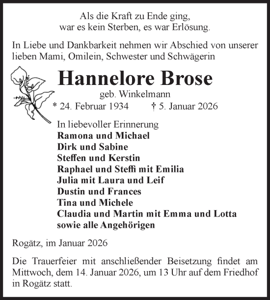 Traueranzeige von Hannelore Brose von Volksstimme Haldensleben/Wolmirstedt