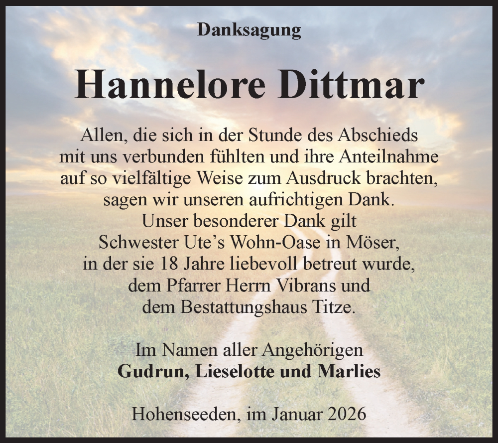 Traueranzeige für Hannelore Dittmar vom 17.01.2026 aus Volksstimme Burg/Genthin