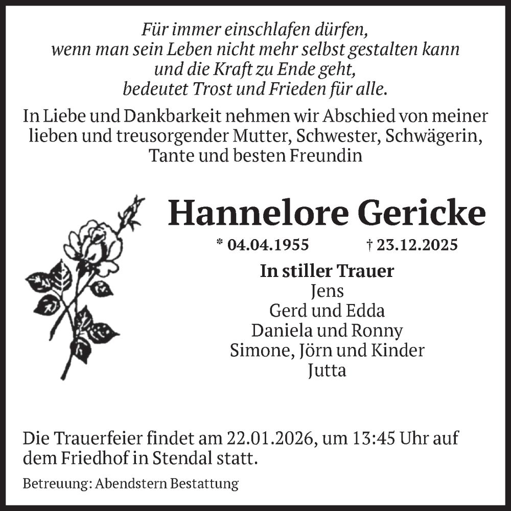  Traueranzeige für Hannelore Gericke vom 10.01.2026 aus Volksstimme Altmark Ost