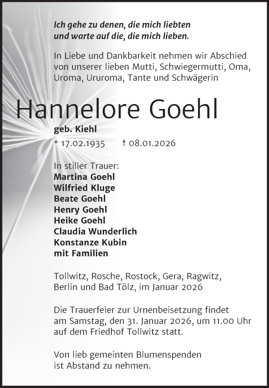 Traueranzeige von Hannelore Goehl von Trauerkombi Merseburg