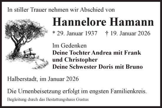 Traueranzeige von Hannelore Hamann von Volksstimme Halberstadt