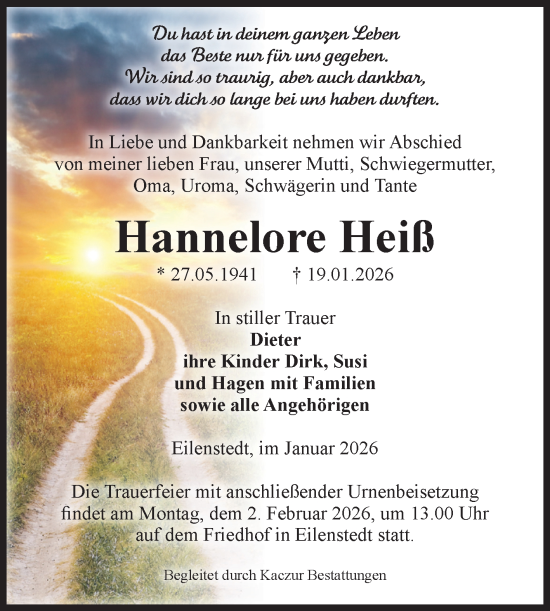 Traueranzeige von Hannelore Heiß von Volksstimme Halberstadt