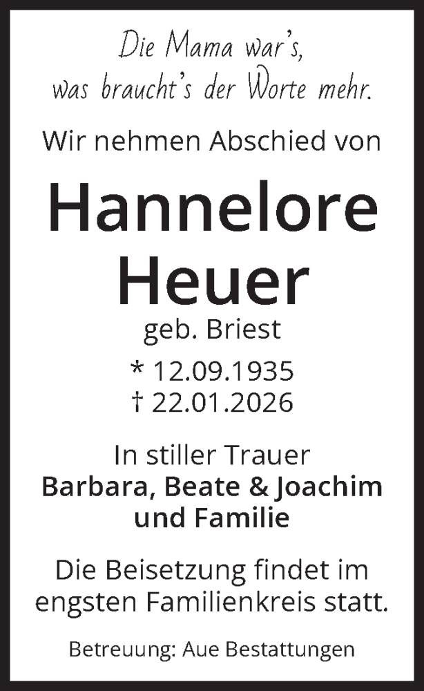  Traueranzeige für Hannelore Heuer vom 31.01.2026 aus Volksstimme Magdeburg