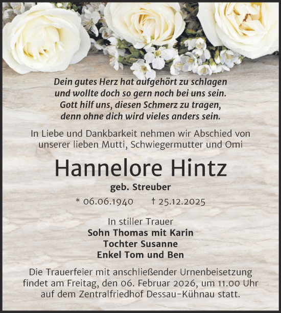 Traueranzeige von Hannelore Hintz von Trauerkombi Dessau